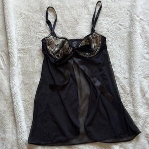 La Senza Black Sheer Babydoll Lingerie Top with Satin Bow & Lace Trim Size Small